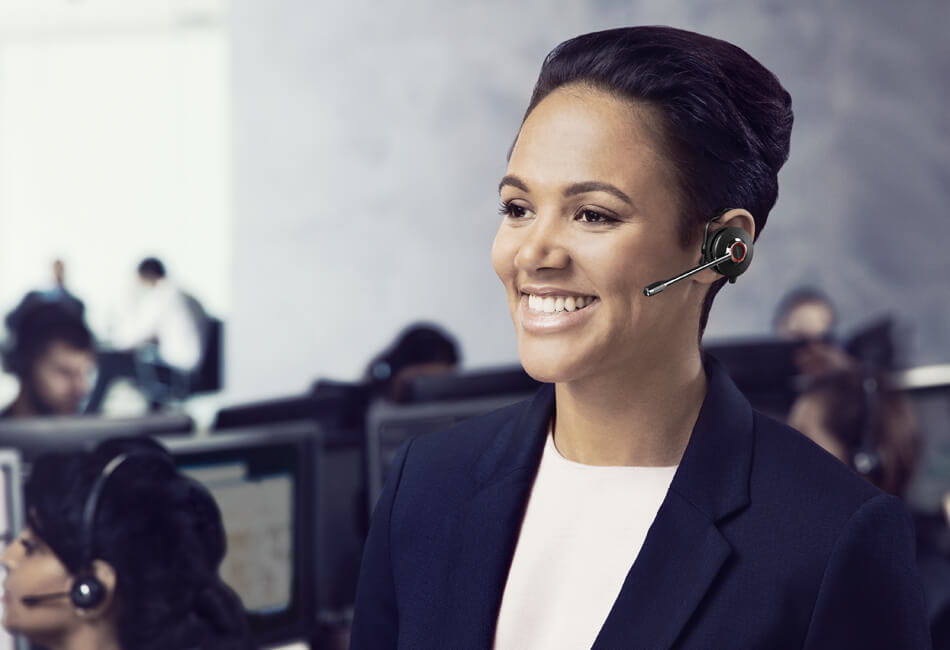Girl wearing Jabra Engage 65 headset