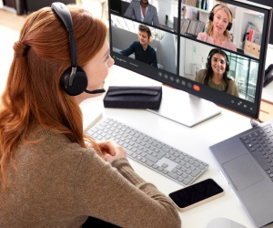 Woman wearing headset