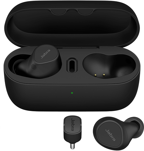 Jabra Evolve2 Buds case with one earbud charging and one being used